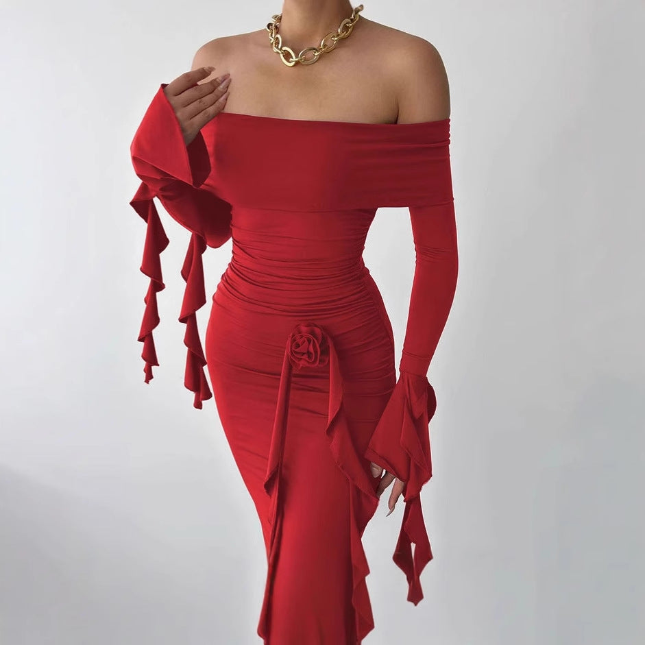 Elegant Women's Fashion Off-Shoulder Long Maxi Dress with Ruffle Details and Chic Fitted Silhouette