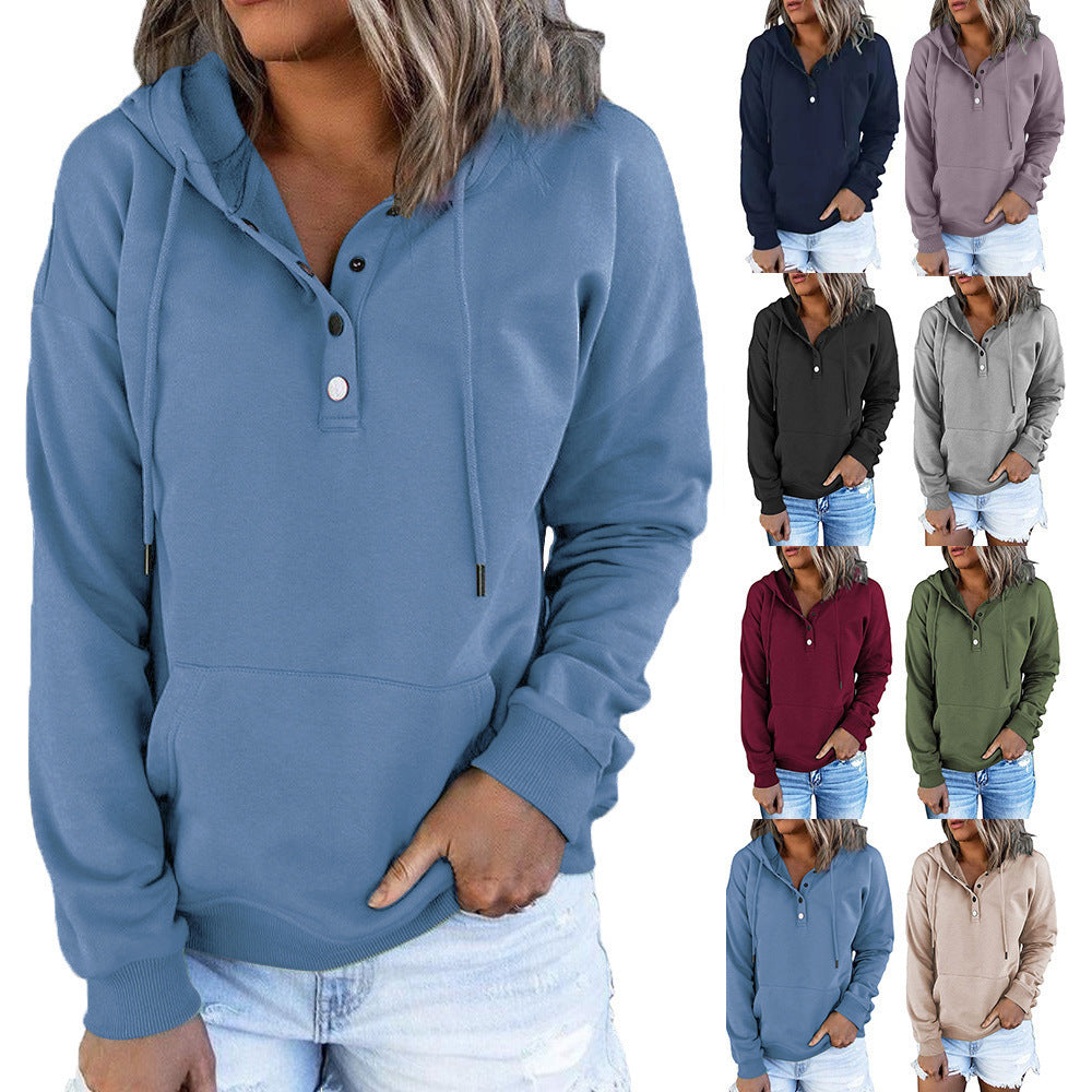 Ladies casual hoodie with button placket and kangaroo pocket Lune London