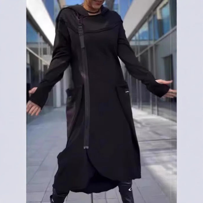 Modern women's hooded coat with side pockets and asymmetrical hem Lune London