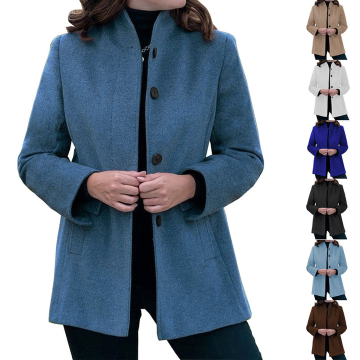 Women's stylish wool coat with modern high collar and practical pockets Lune London
