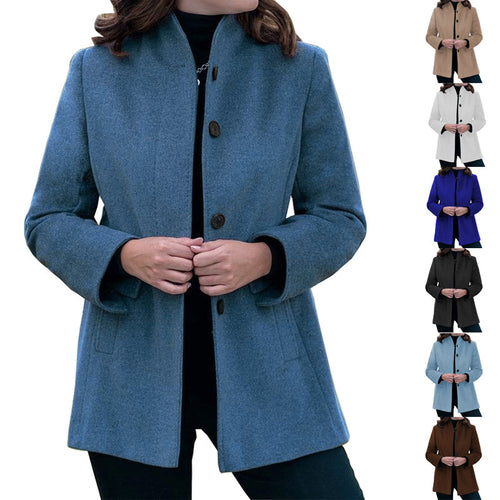Women's stylish wool coat with modern high collar and practical pockets Lune London