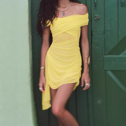 Mini off-shoulder dress for women with ruffle details and transparent inserts Lune London