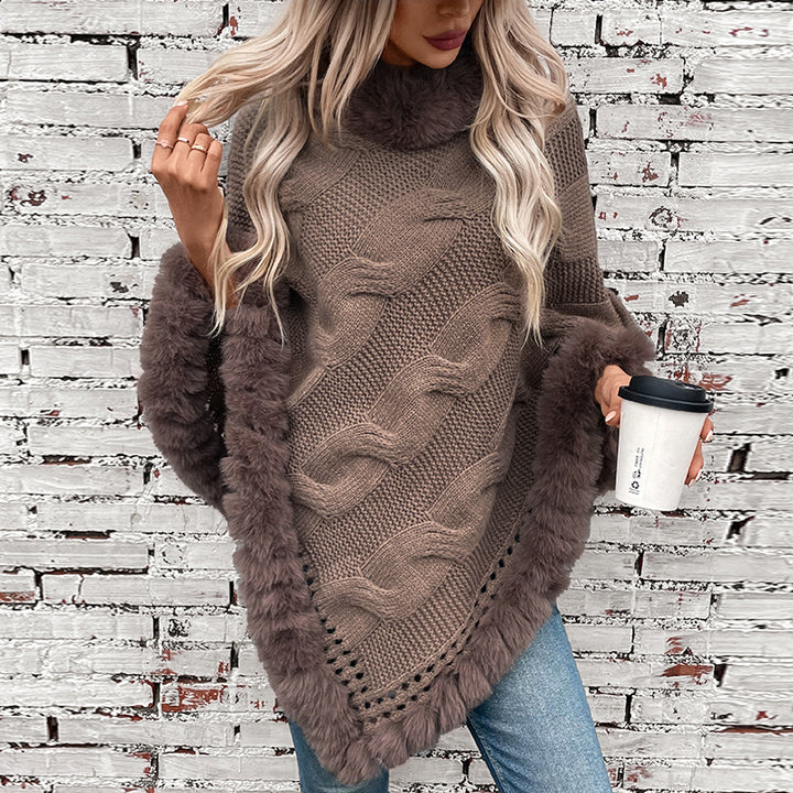 Ladies cozy poncho sweater with soft faux fur trim and cable knit pattern Lune London