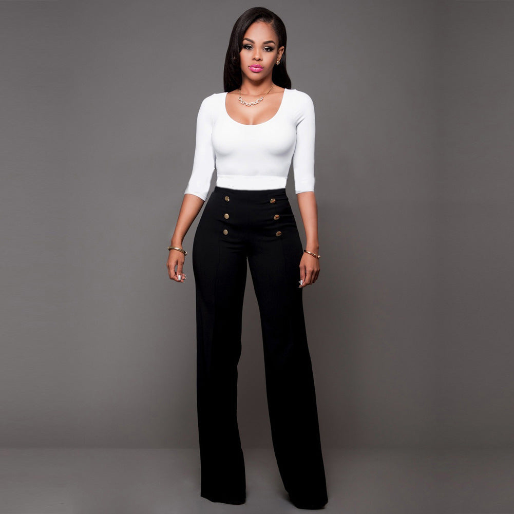 Women High-Waisted Palazzo Pants with Decorative Button Details Lune London
