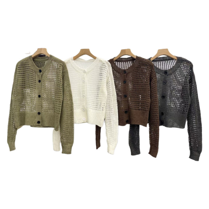 Knit jacket for women with an open weave design and large buttons Lune London