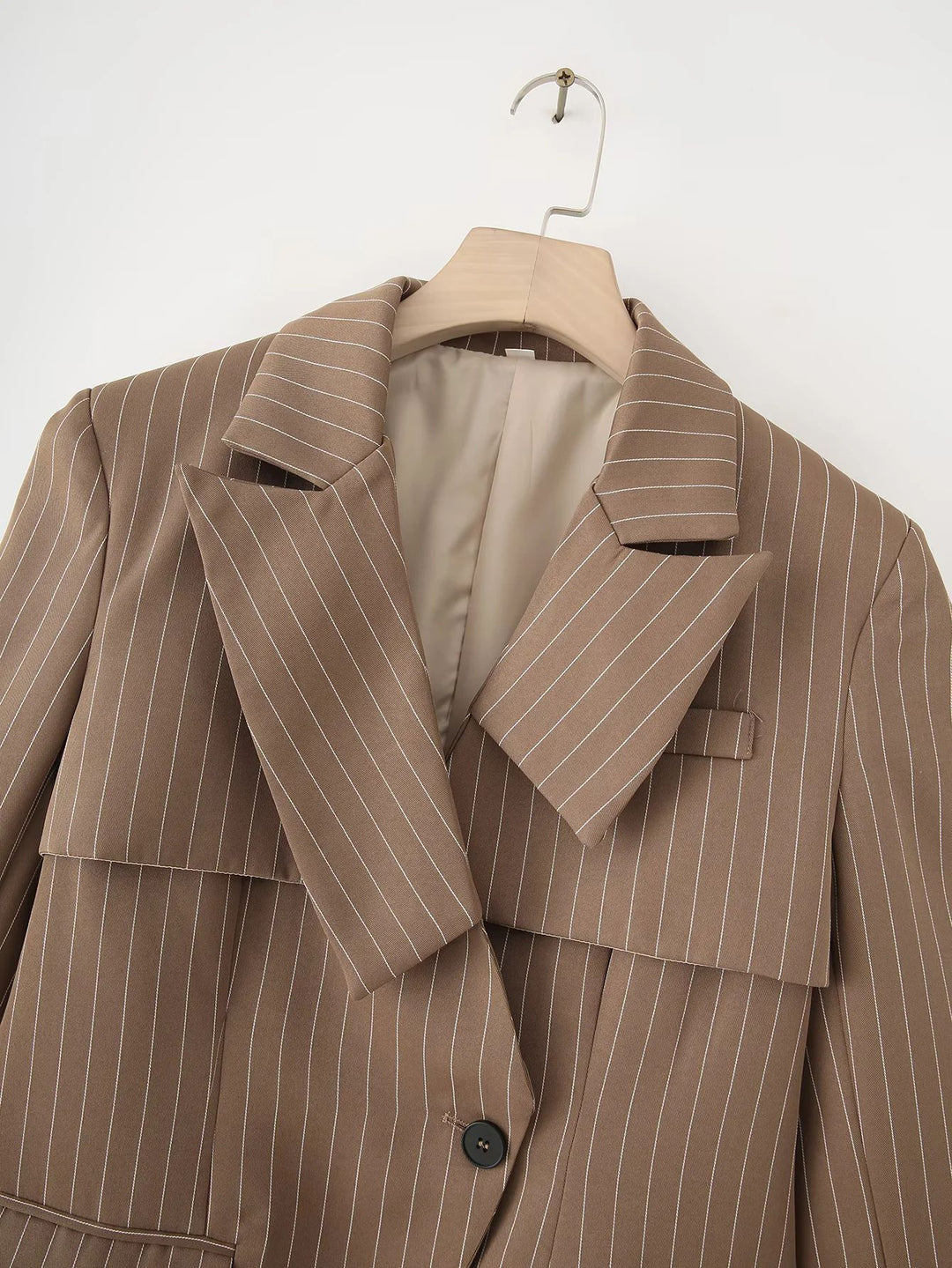 Fashion blazer jacket for women with asymmetrical collar and elegant fine stripes Lune London