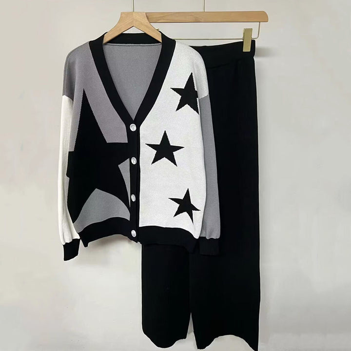 Lune London striking star pattern knit women's set with button details