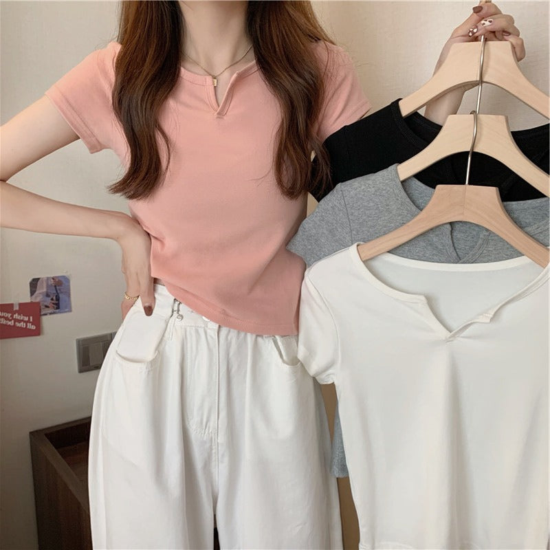 Women's Short Sleeve T-Shirt with Elegant V-Neck and Fashionable Detail