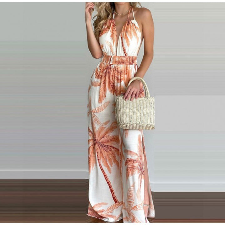 Women Bohemian Halter Neck Maxi Jumpsuit with Side Slits Lune London