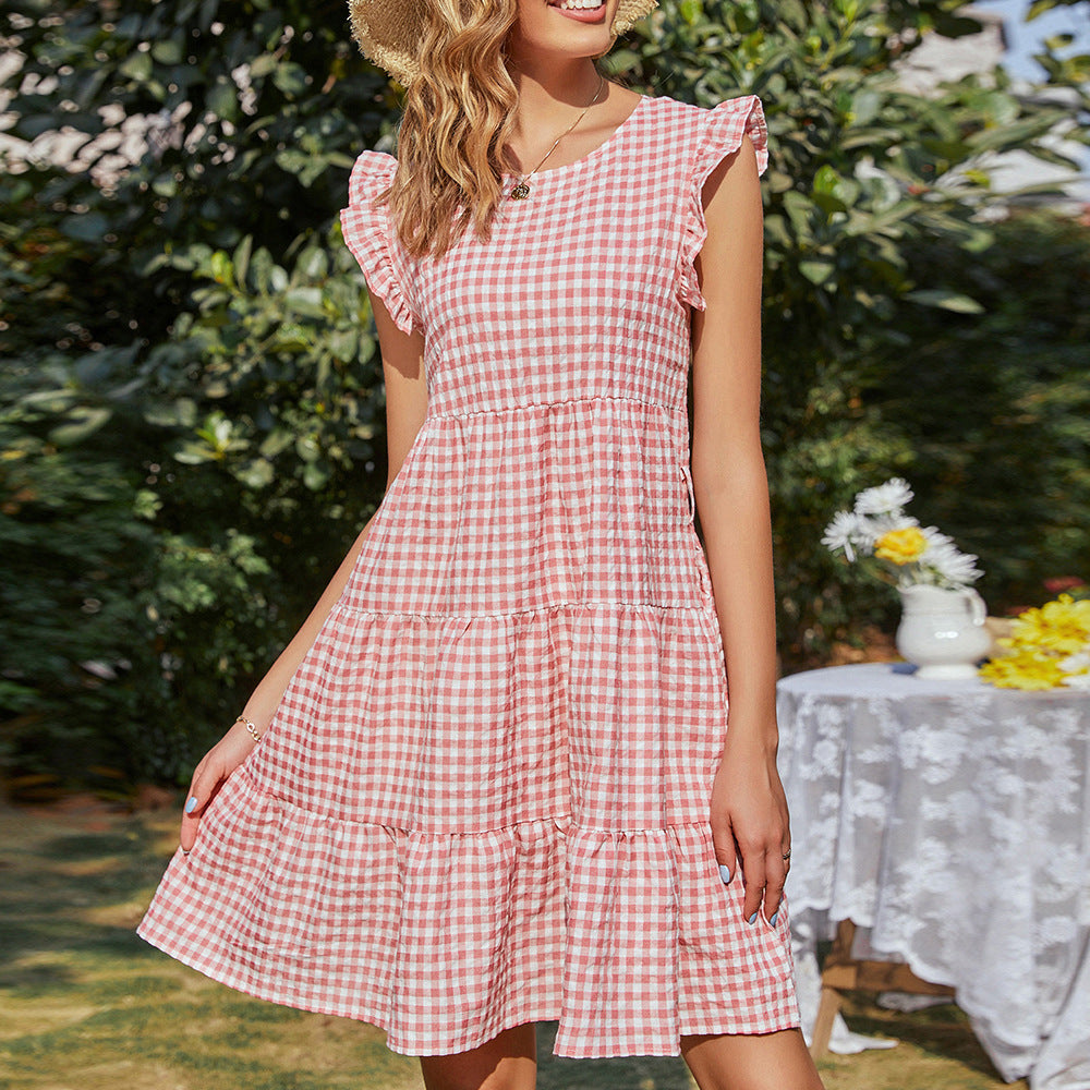 Robe à carreaux sans manches pour femmes avec jupe évasée Chic & Stil