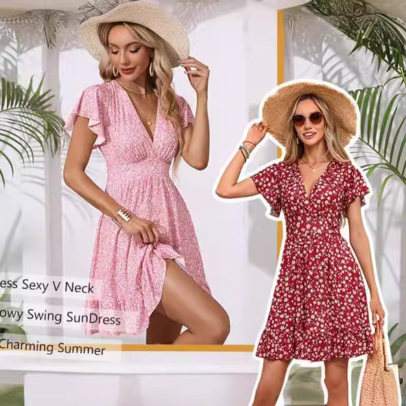 Robe femme à col V avec jupe fluide et détails volantés Chic & Stil