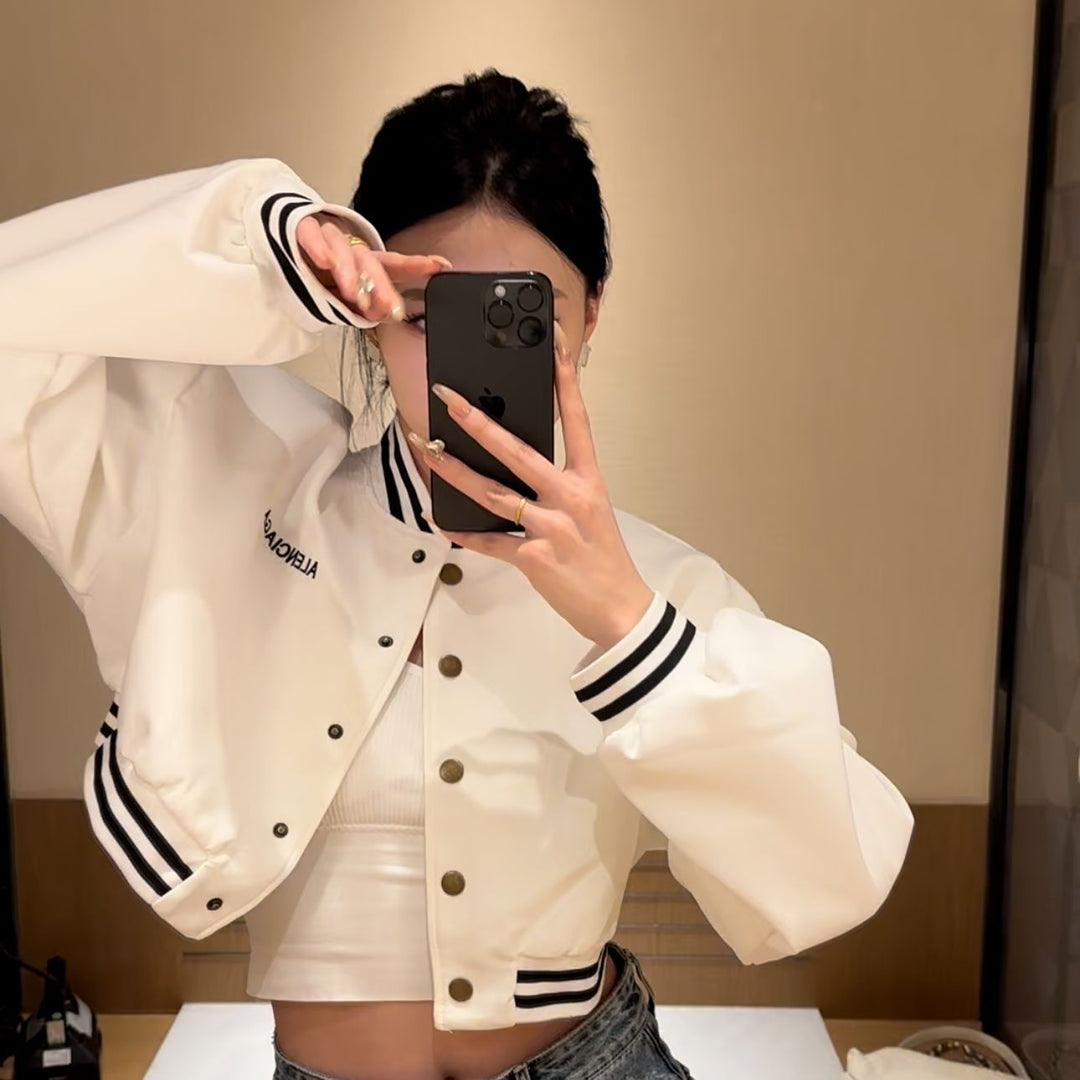 Women's casual cropped bomber jacket with contrasting stripes and snap buttons Lune London