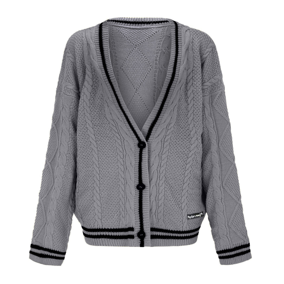 Chunky knit cardigan for women with deep V-neck and contrasting button details Lune London