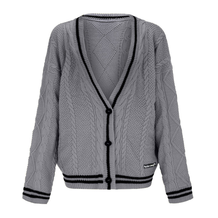 Chunky knit cardigan for women with deep V-neck and contrasting button details Lune London