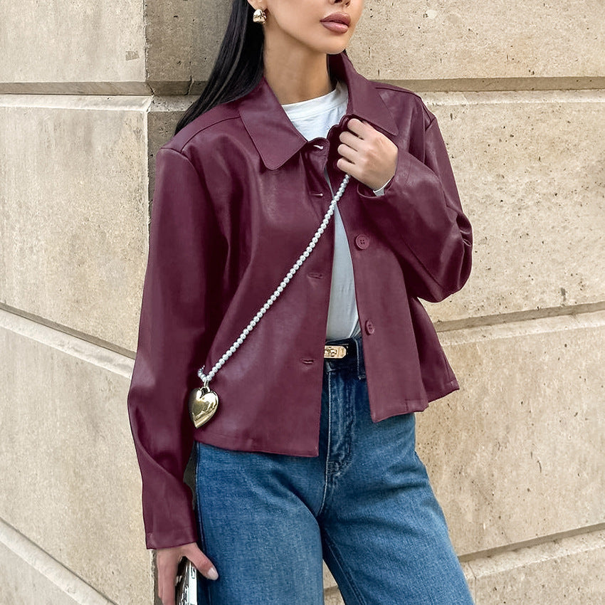 Women's faux leather jacket with button details and casual fit Lune London