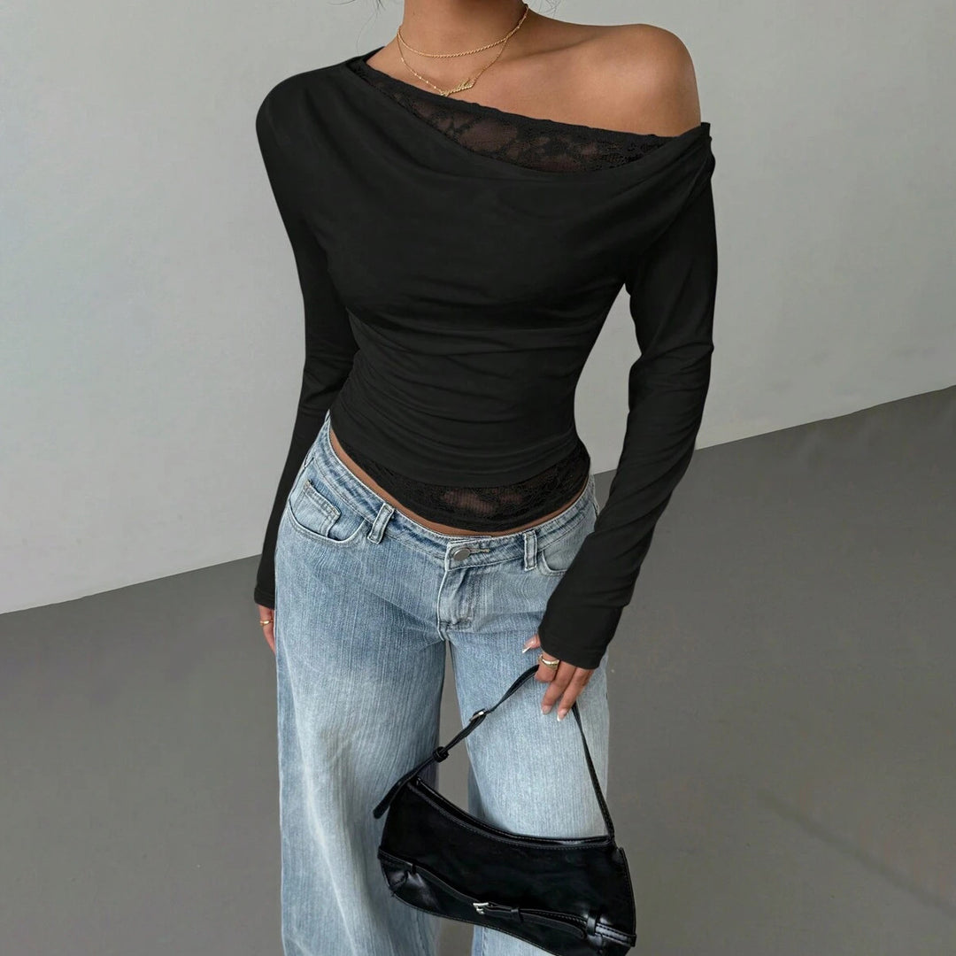 Casual long-sleeve t-shirt for women with asymmetric neckline and transparent details Lune London