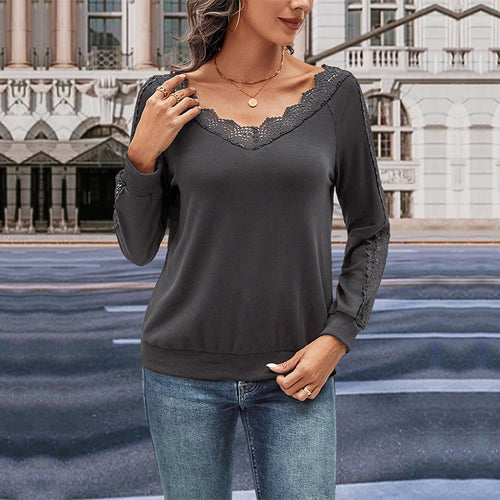 Women's long sleeve blouse with lace decorations and V-neck Lune London