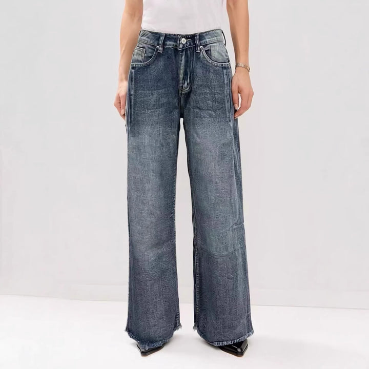 Women wide denim jeans with creative pattern and frayed hem Lune London