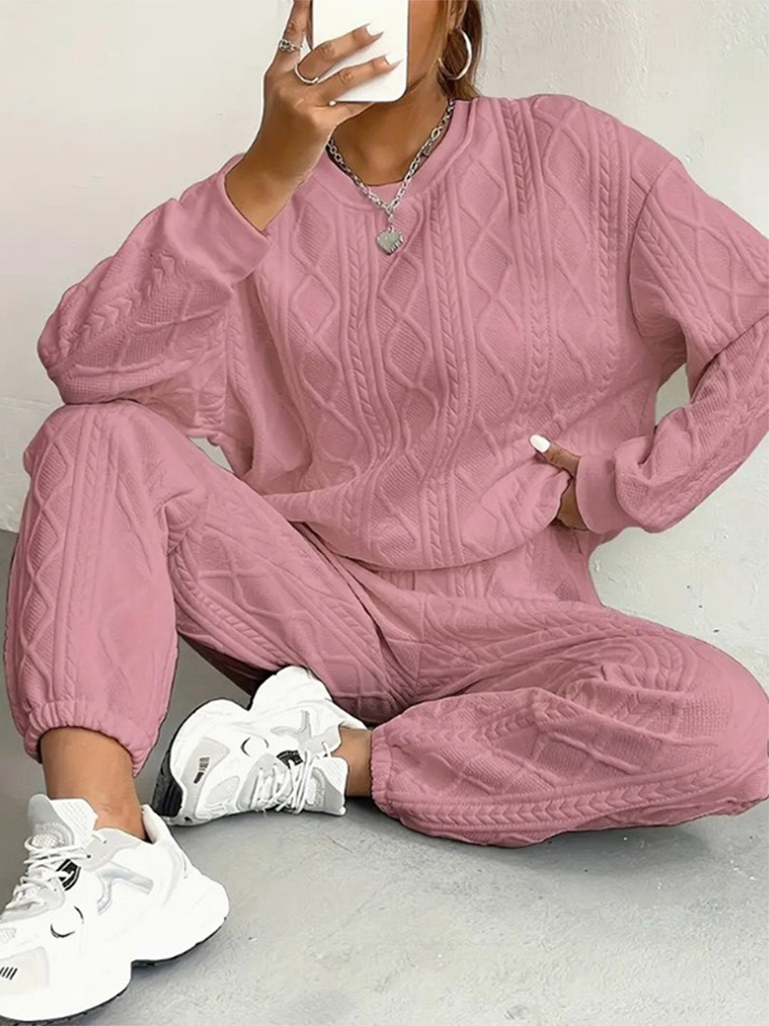 Women's comfortable knit loungewear set with chic and stylish texture
