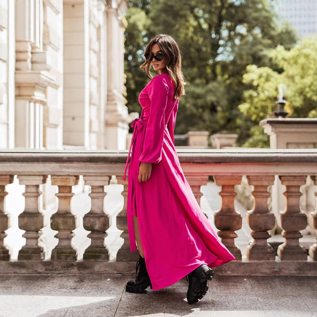 Women Long Sleeve Maxi Dress with Waist Belt and Elegant Ruffle Details Lune London