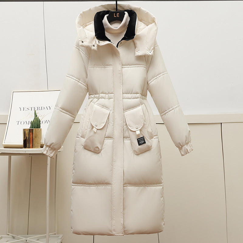 Ladies Long Down Jacket with Removable Hood and Large Pockets Lune London