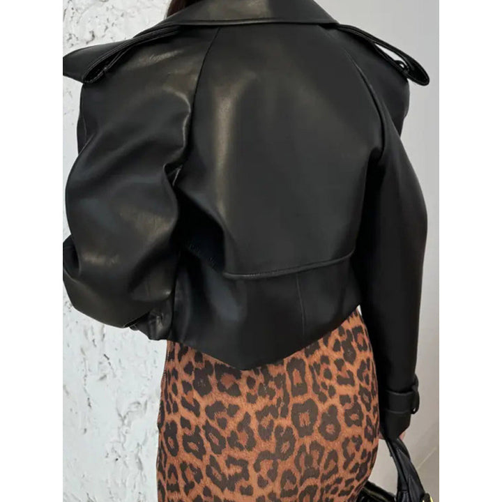 Short synthetic leather biker jacket for women with structured details Lune London