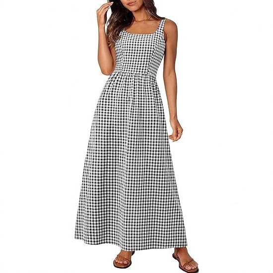 Robe maxi femme à motif à carreaux classique avec bretelles réglables et taille élastique Chic & Stil