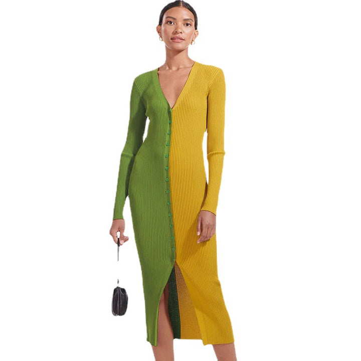 Maxi dresses with button design for women with deep V-neck and ribbed texture Lune London