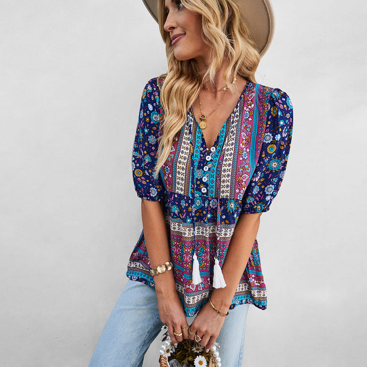Ladies Boho Tunic with Elastic Sleeves and Playful V Neck Lune London
