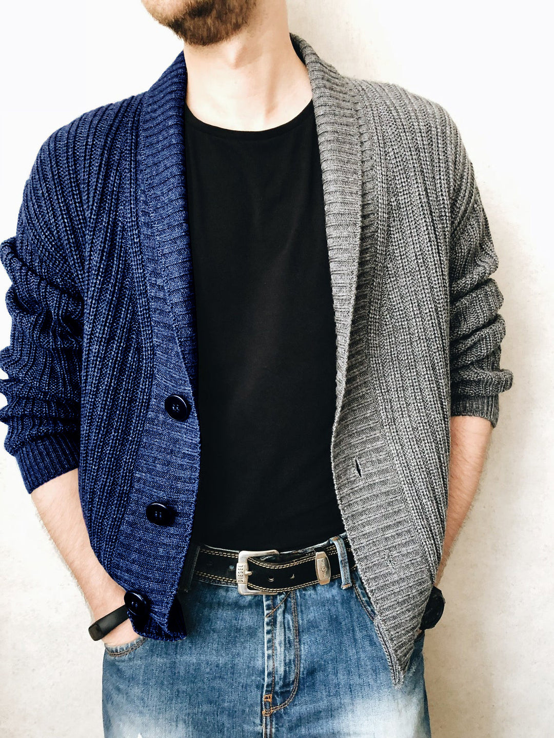 Men's knitted jacket with textured surface and modern buttons Lune London