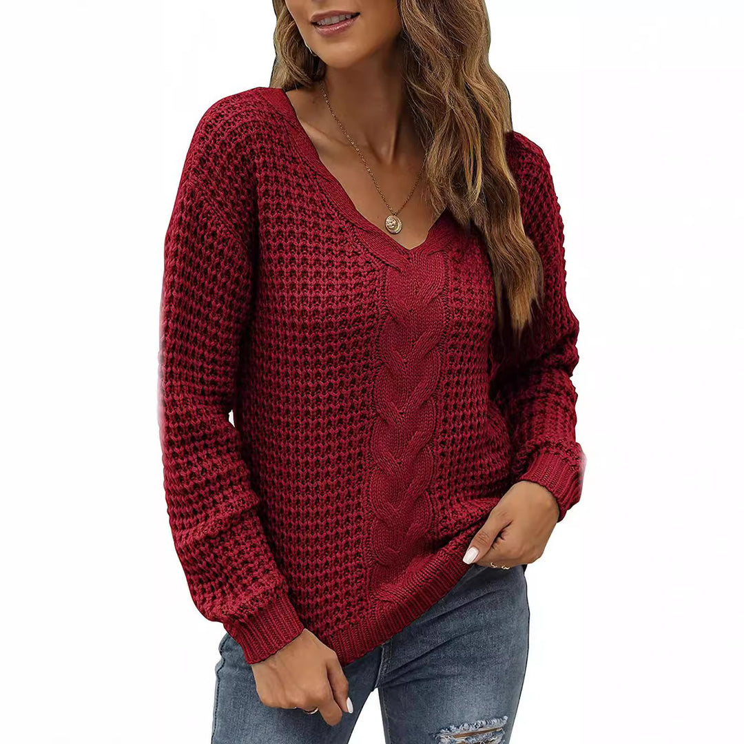 Casual knit pullover for women with deep V neckline and detailed cable pattern Lune London