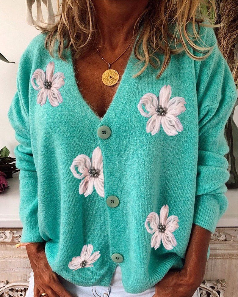 Women Comfortable Knitted Cardigan with Floral Pattern and Continuous Button Placket Lune London