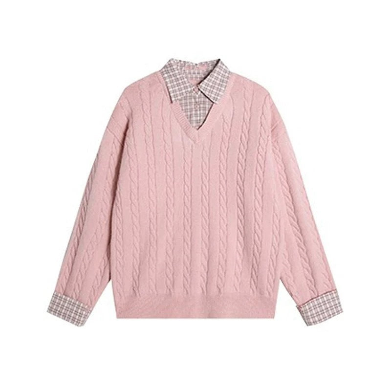 Pull en tricot épais pour femmes avec motif en cable et col en V Chic & Stil