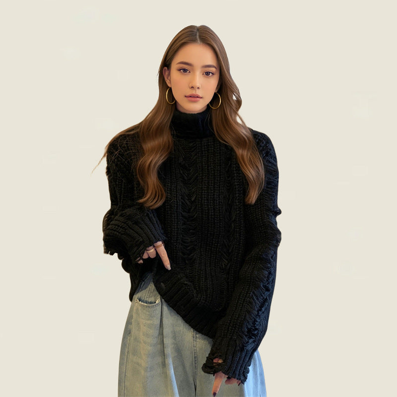 Women chunky knit sweater with high collar and structured design Lune London