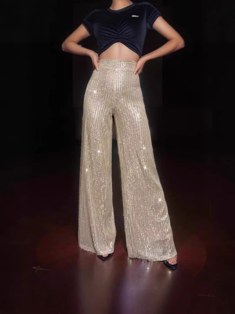 Ladies Shiny Wide Pants with Sparkling Design Lune London