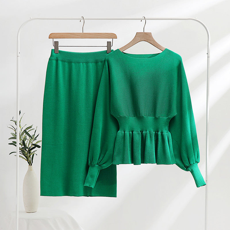 Fashionable women's knitted loungewear set with ruched top and midi skirt Lune London