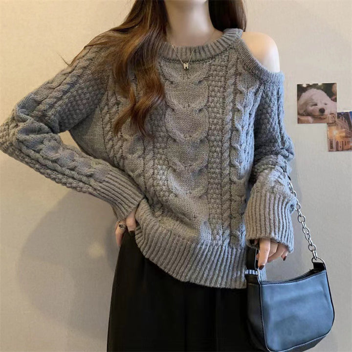 Pull en tricot épais pour femmes avec design d'épaule asymétrique et motif en cable Chic & Stil