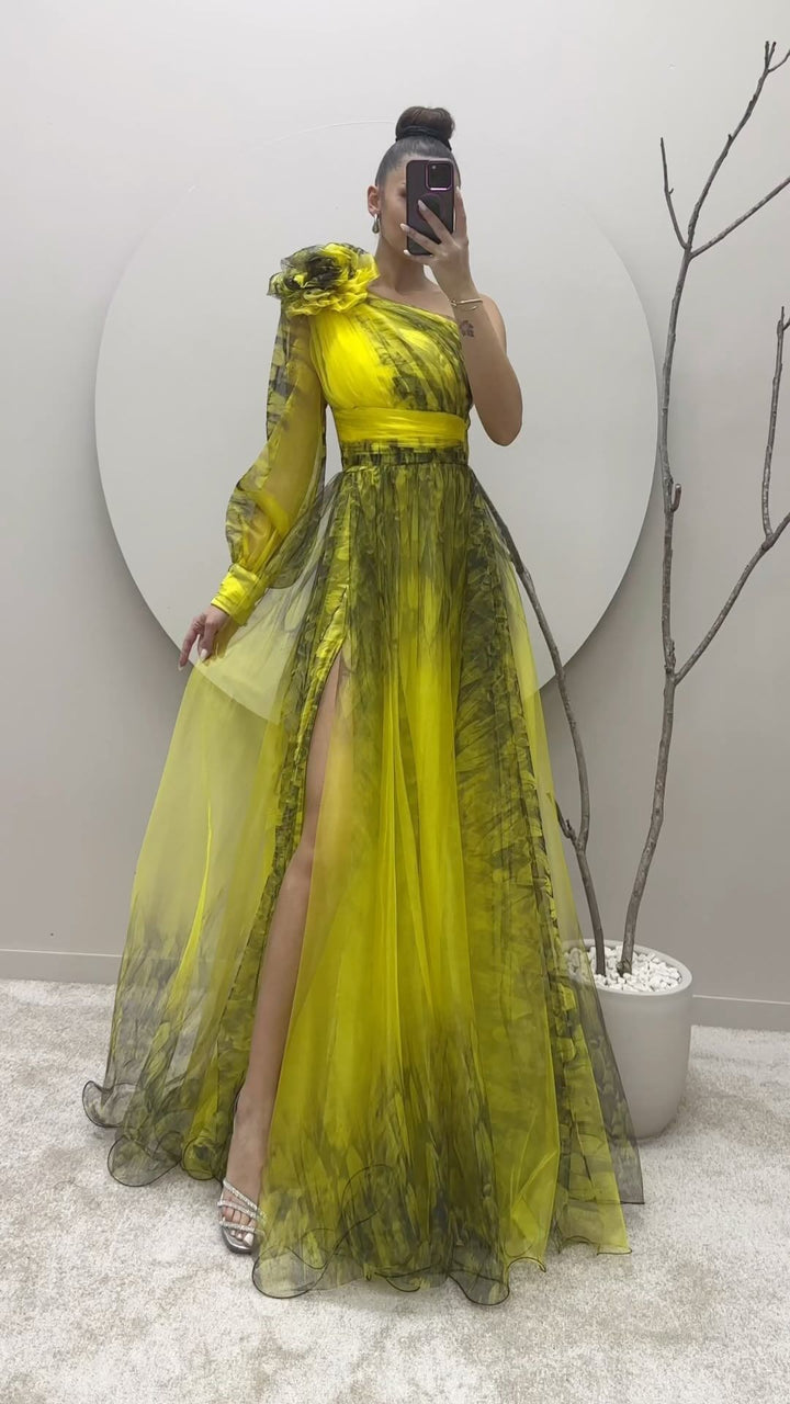 Women's Exquisite Maxi Dress with Asymmetric Strap and Voluminous Ruffle Details Lune London