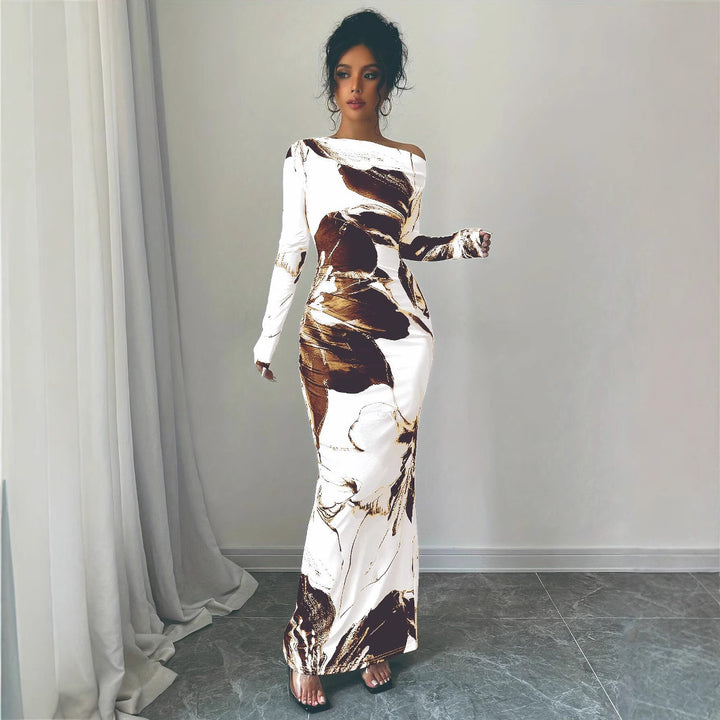 Ladies Elegant Maxi Dress with asymmetrical neckline and floral design Lune London