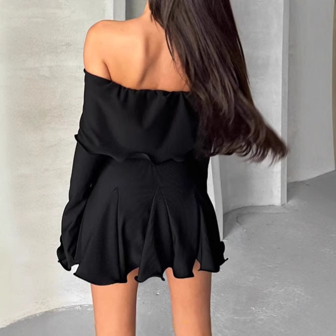 Mini off-shoulder dress for women with asymmetrical hem and long sleeves Lune London