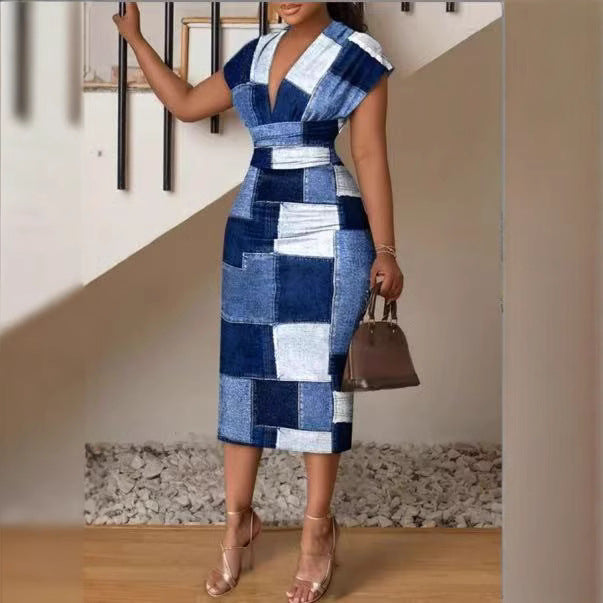 Chic and Style Women's Patchwork Denim Midi Dress