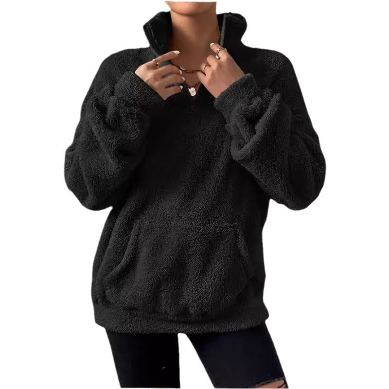 Women's Cozy Fleece Pullover with Stand-Up Collar and Side Pockets Lune London