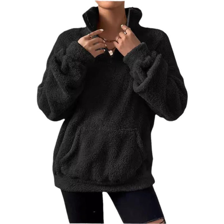 Women's Cozy Fleece Pullover with Stand-Up Collar and Side Pockets Lune London