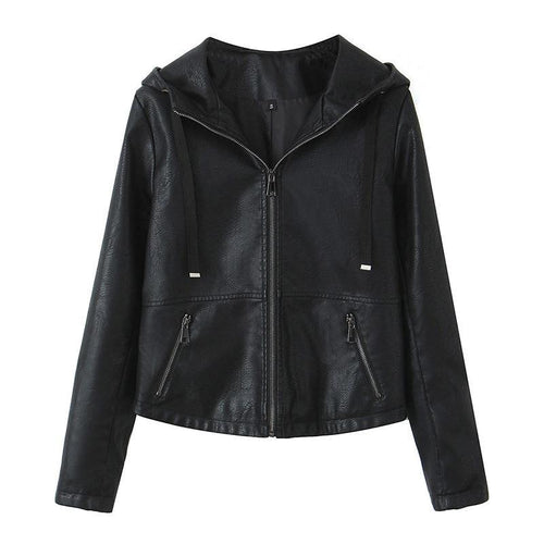 Faux leather jacket for women with practical hood and zippered pockets on the sides Lune London