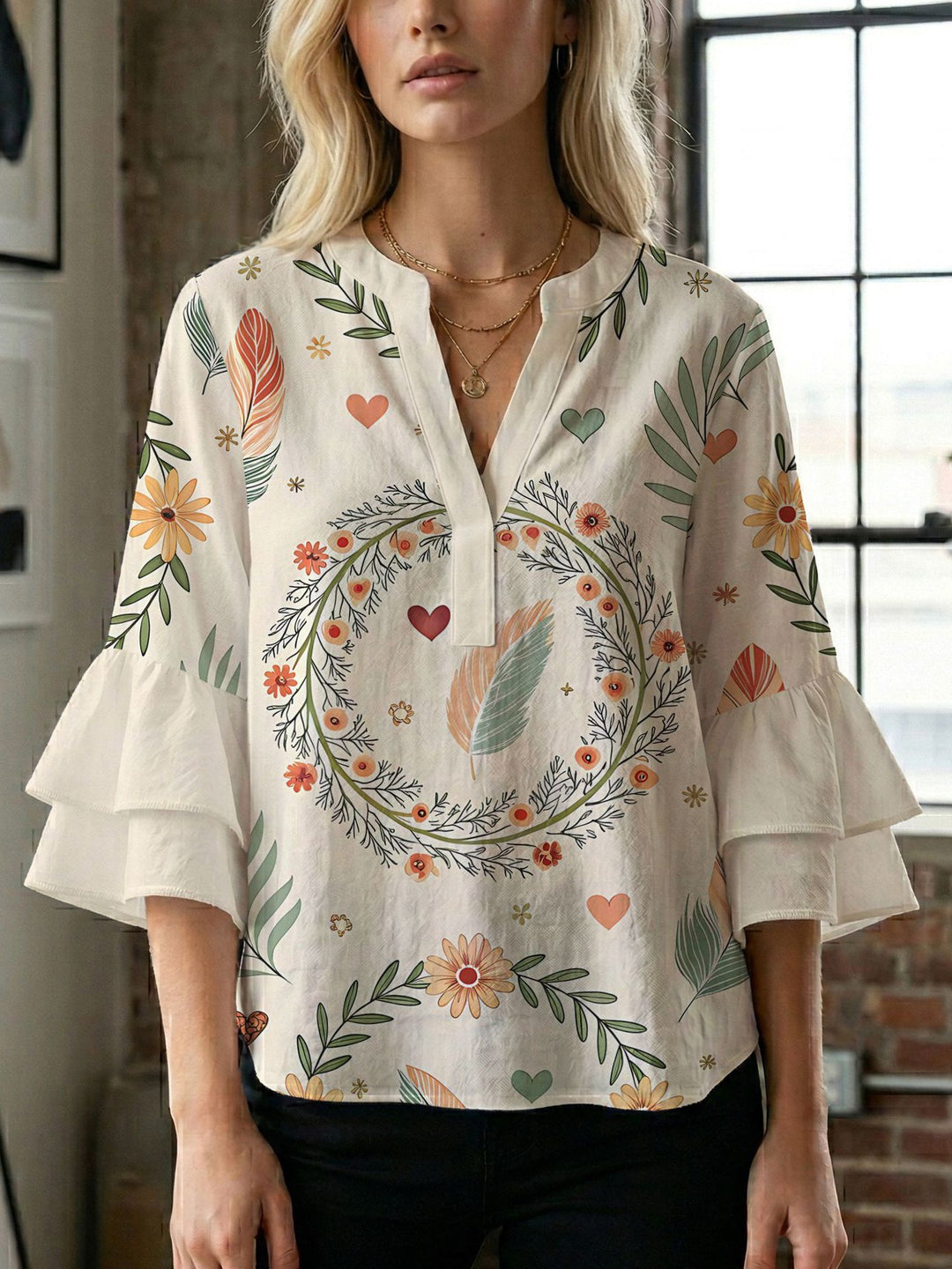 Women's blouse with voluminous wing sleeves and intense leaf pattern Lune London