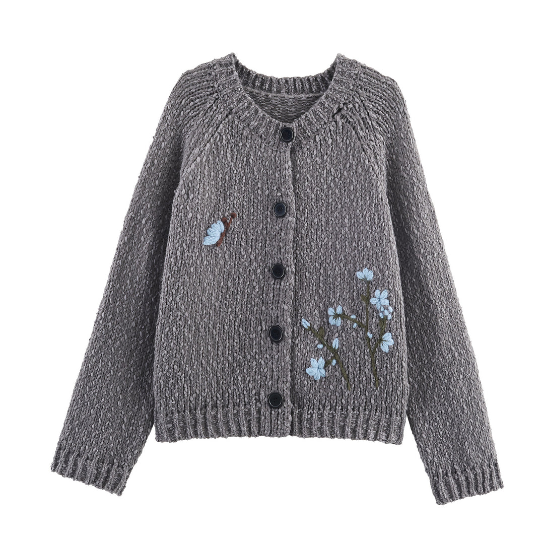 Knitted women’s jacket with embroidered floral pattern and button closure Lune London