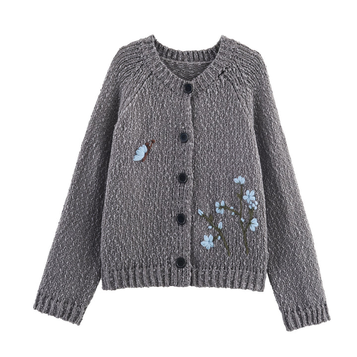 Knitted women’s jacket with embroidered floral pattern and button closure Lune London