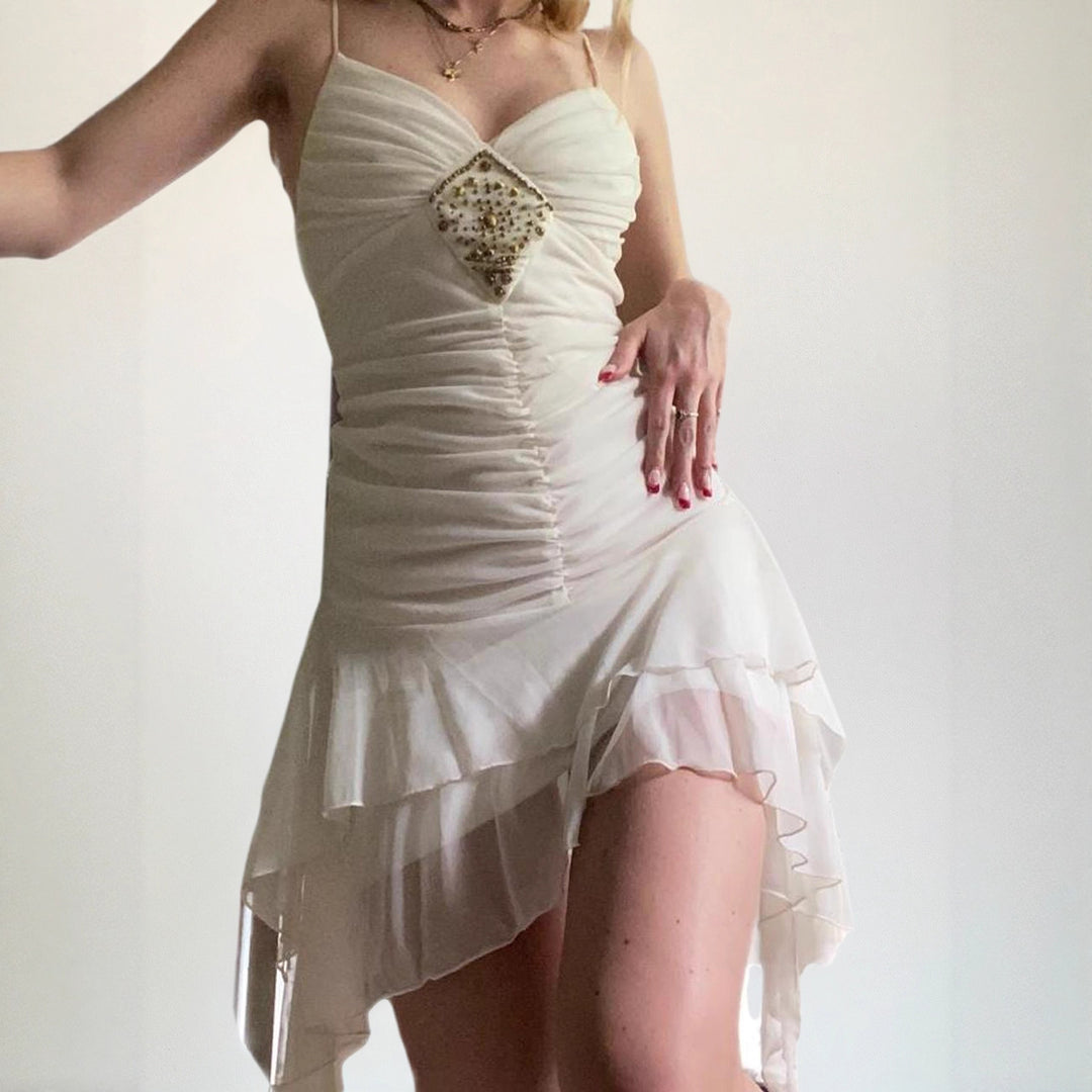 Ladies Elegant Evening Dress with Ruffle Details and Sparkling Jewelry Lune London