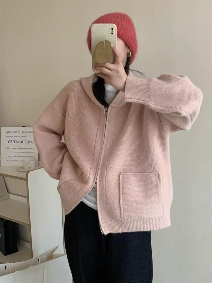 Ladies Casual Oversized Knit Vest with Hood and Pockets Lune London