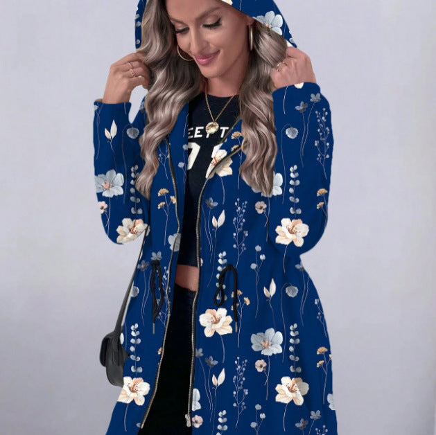 Hooded coat with full zip for women with floral print Lune London